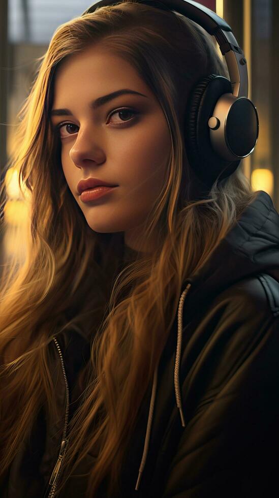 Beautiful girl wearing headset. Generative AI photo