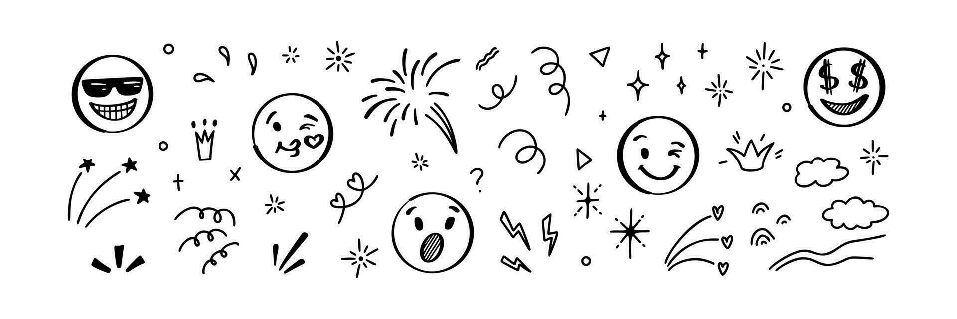 Doodle emoji set. Hand drawn sketch vector illustration. Pack of different expressions emoticons and manga stile motion elements