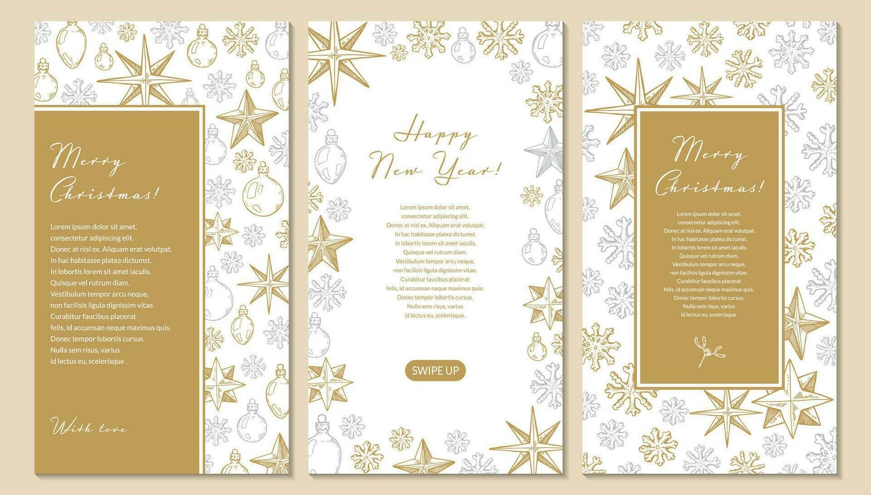 Set of Merry Christmas and Happy New Year vertical greeting cards with hand drawn golden five pointed stars and snowflakes. Vector illustration in sketch style. Social media stories template