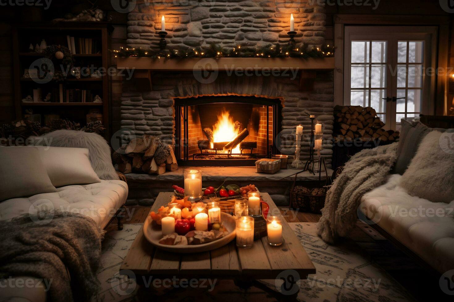 AI Generative cozy living room filled with glowing candles and a crackling fireplace photo