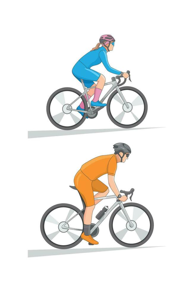Woman and Man cycling from side view. Vector illustration.