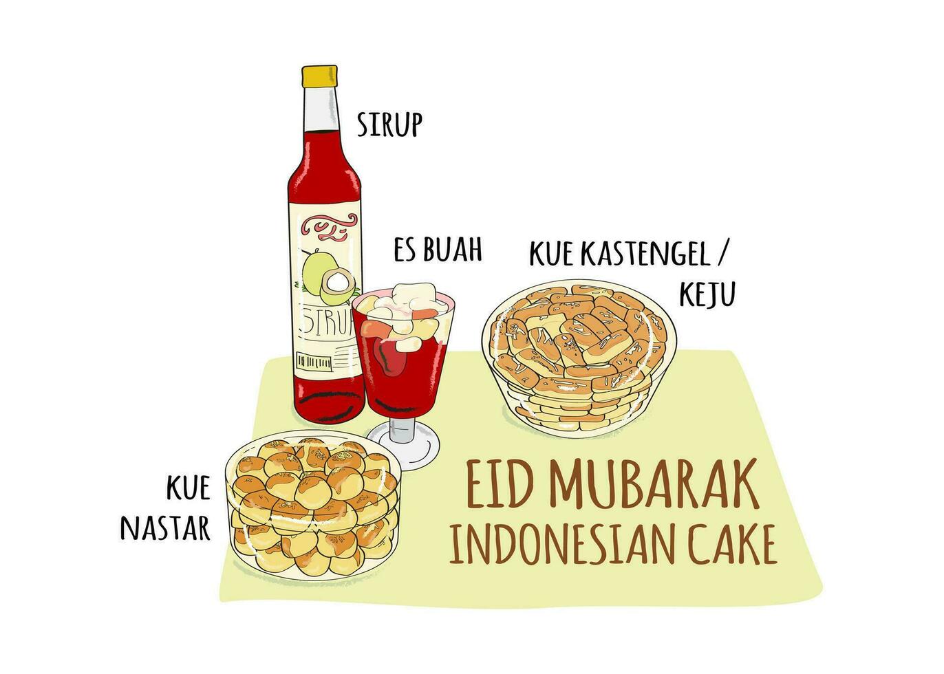 varios indonesio pasteles y bebida ese son por lo general servido a eid vector