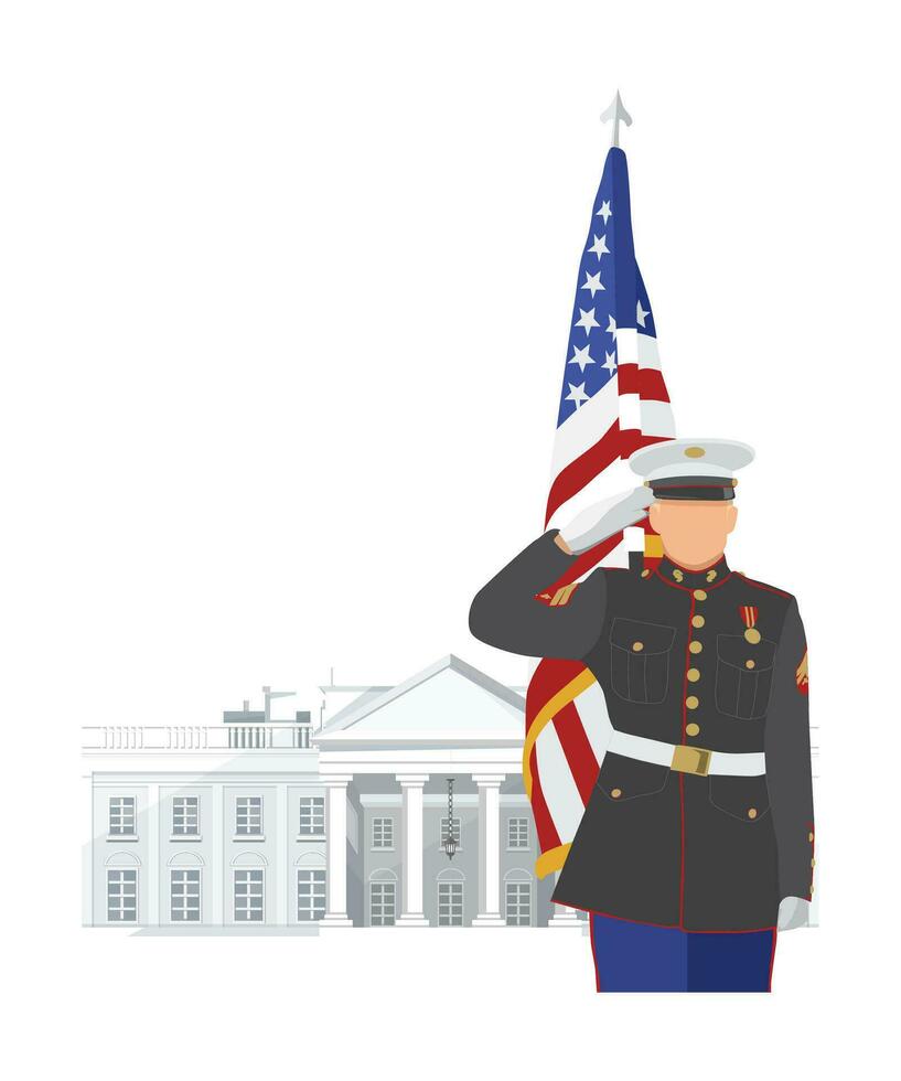 militar hombre saludo en Estados Unidos bandera y blanco casa antecedentes vector