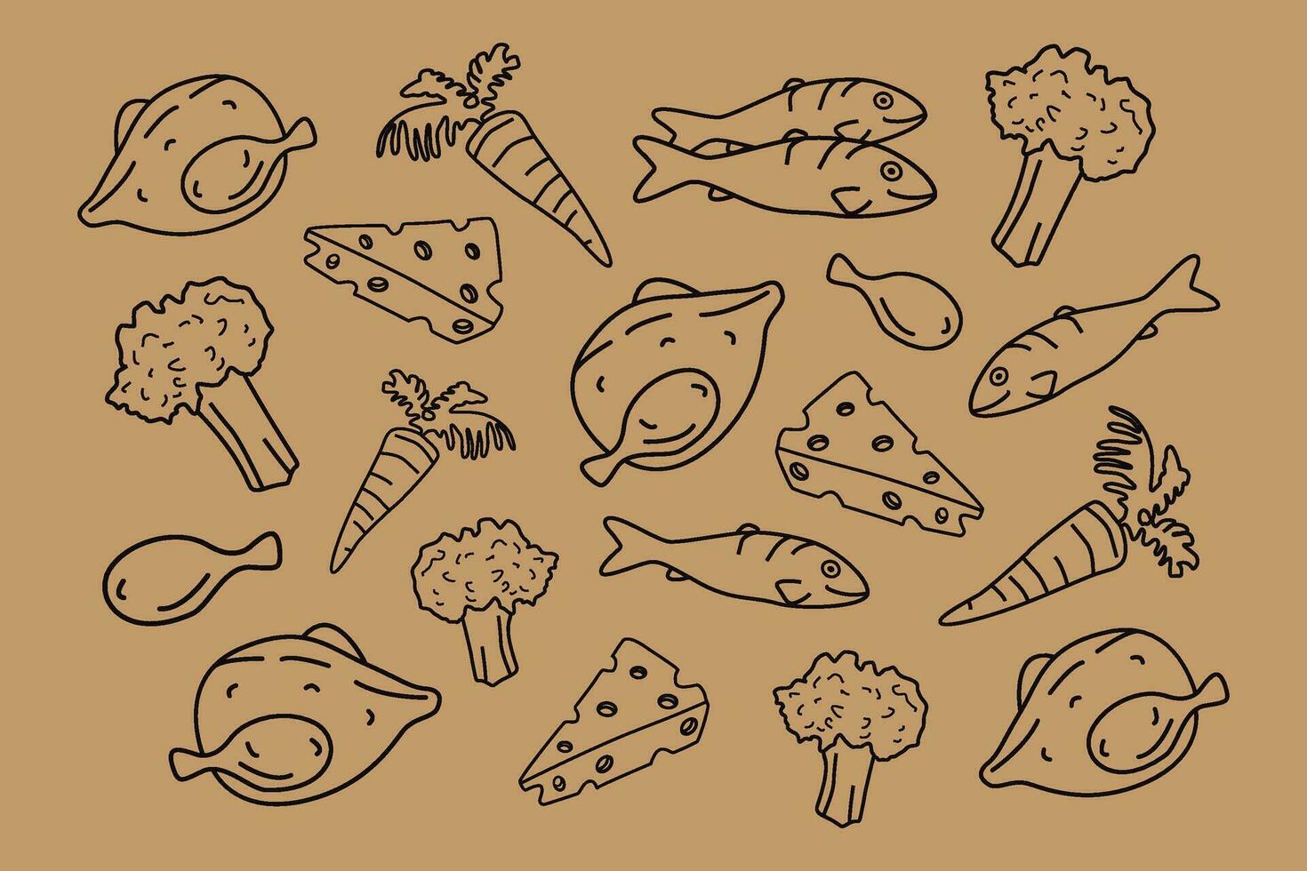 Doodle hand drawn set chicken, fish and vegetables vector
