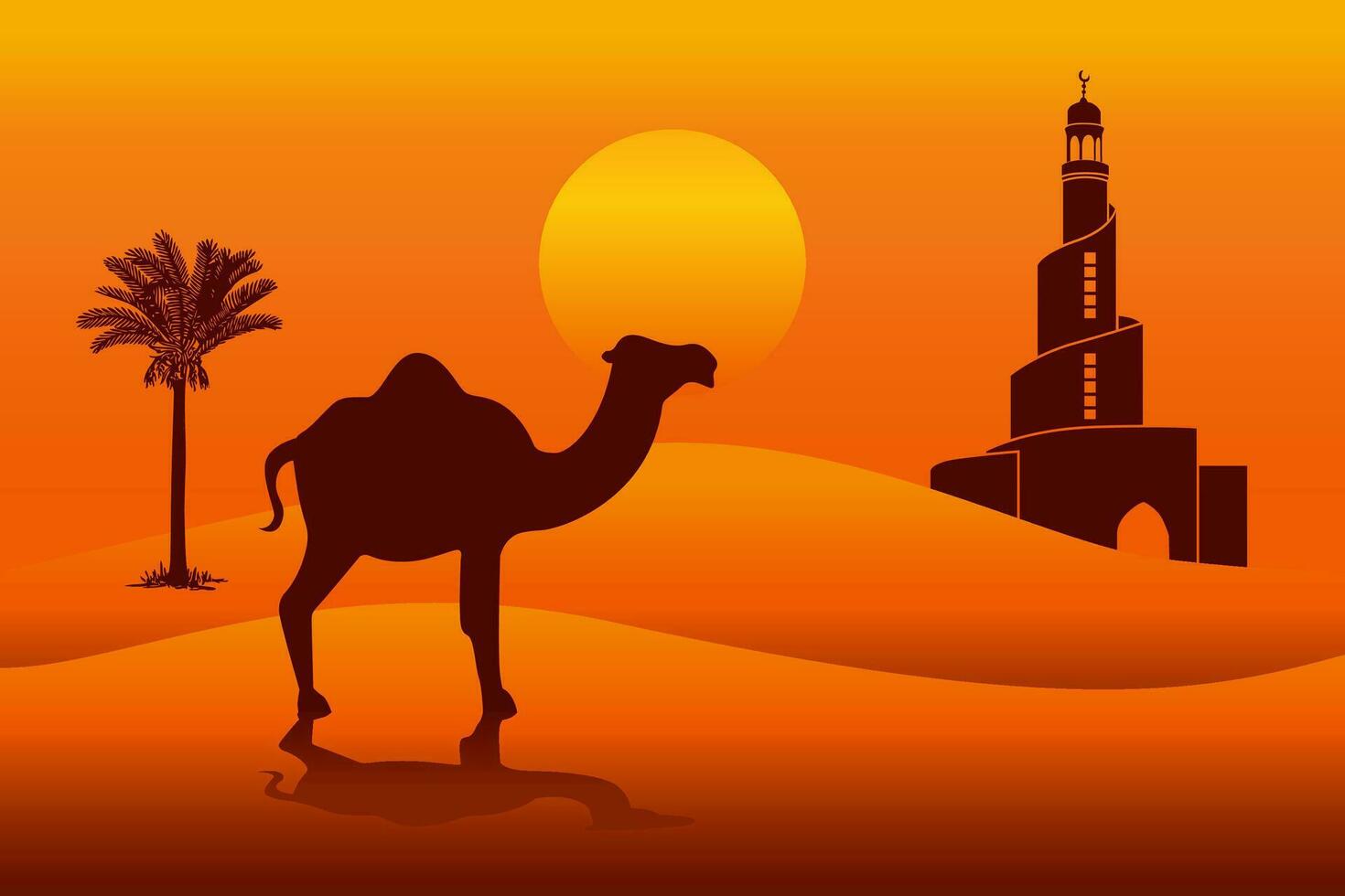 Camel and mosque silhouette with desert sunset background vector illustration