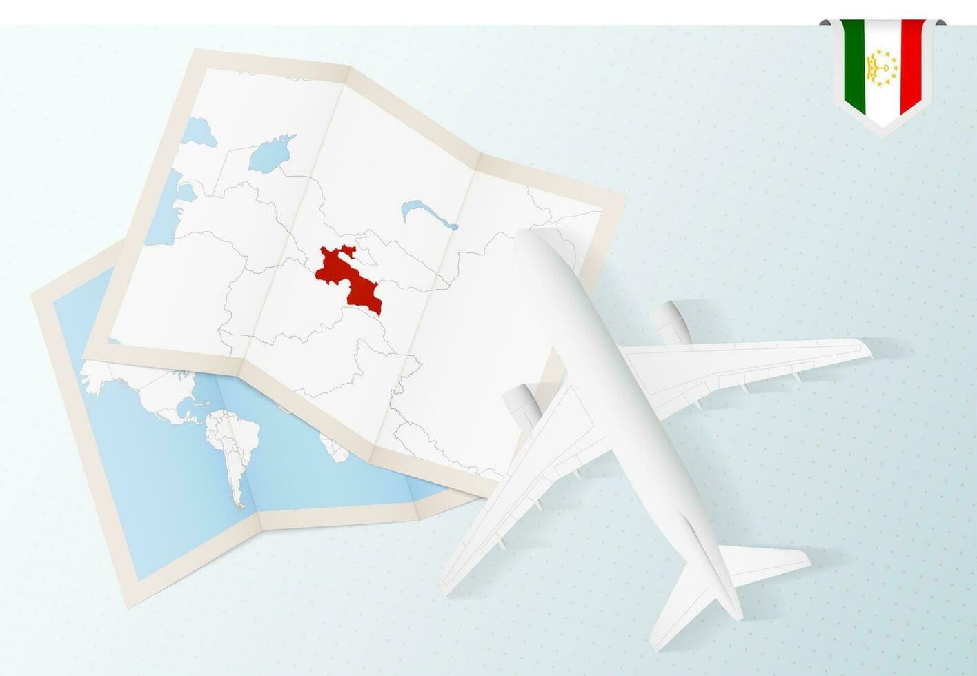 Travel to Tajikistan, top view airplane with map and flag of Tajikistan. vector
