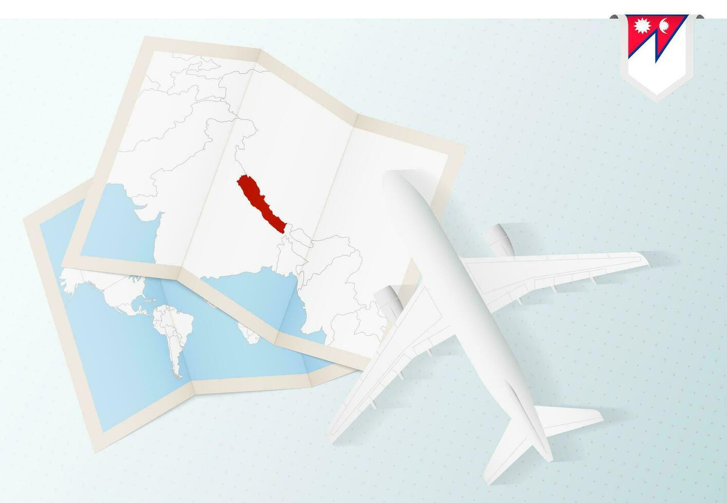 Travel to Nepal, top view airplane with map and flag of Nepal. vector