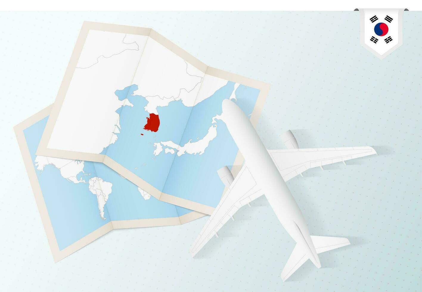 Travel to South Korea, top view airplane with map and flag of South Korea. vector