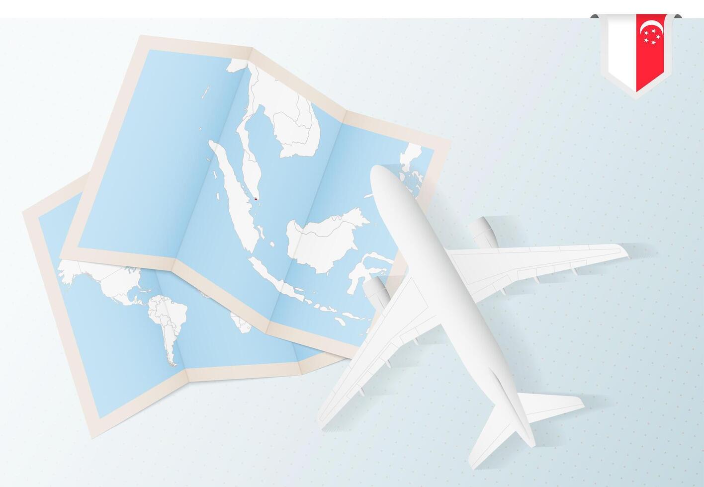 Travel to Singapore, top view airplane with map and flag of Singapore. vector