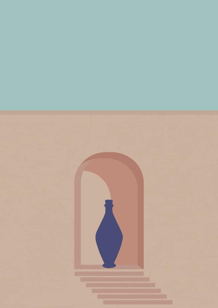 Aesthetic decoration with architecture element illustration poster. Minimalist blue pot and pink window vector