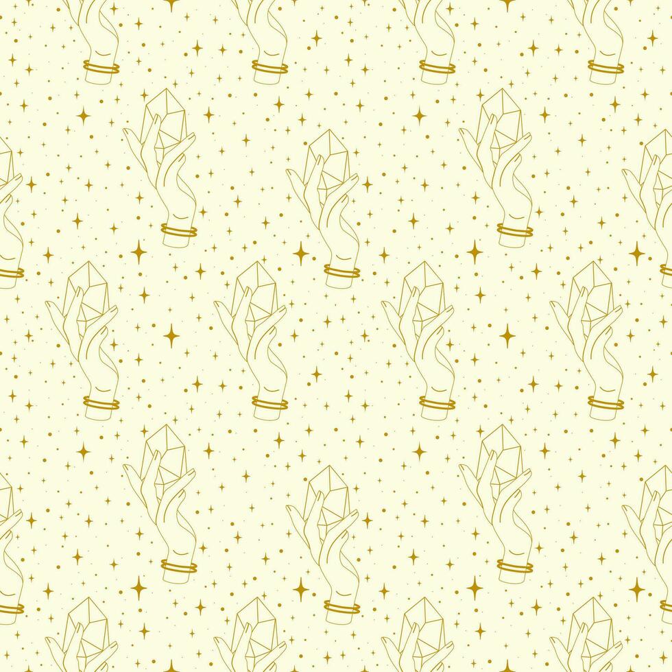 Seamless pattern magic hands with healing crystal art. Halloween elements in minimalistic style vector