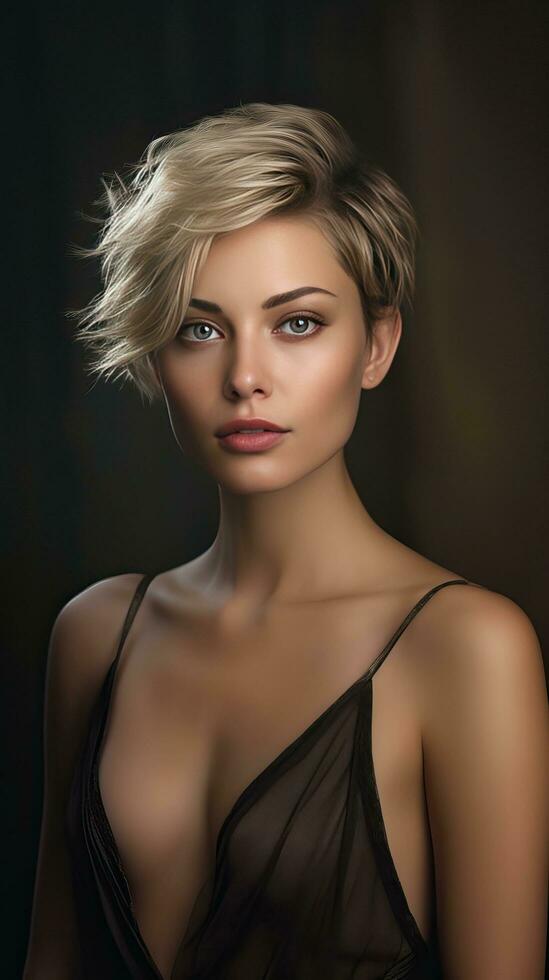 Beautiful woman with short hair. Generative AI photo