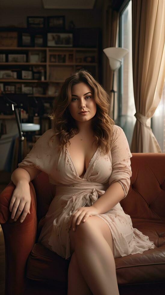 Beautiful chubby girl sitting on a sofa. Generative AI photo