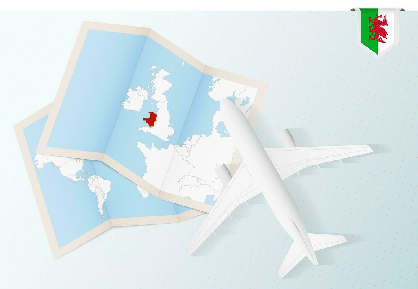 viaje a Gales, parte superior ver avión con mapa y bandera de Gales. vector