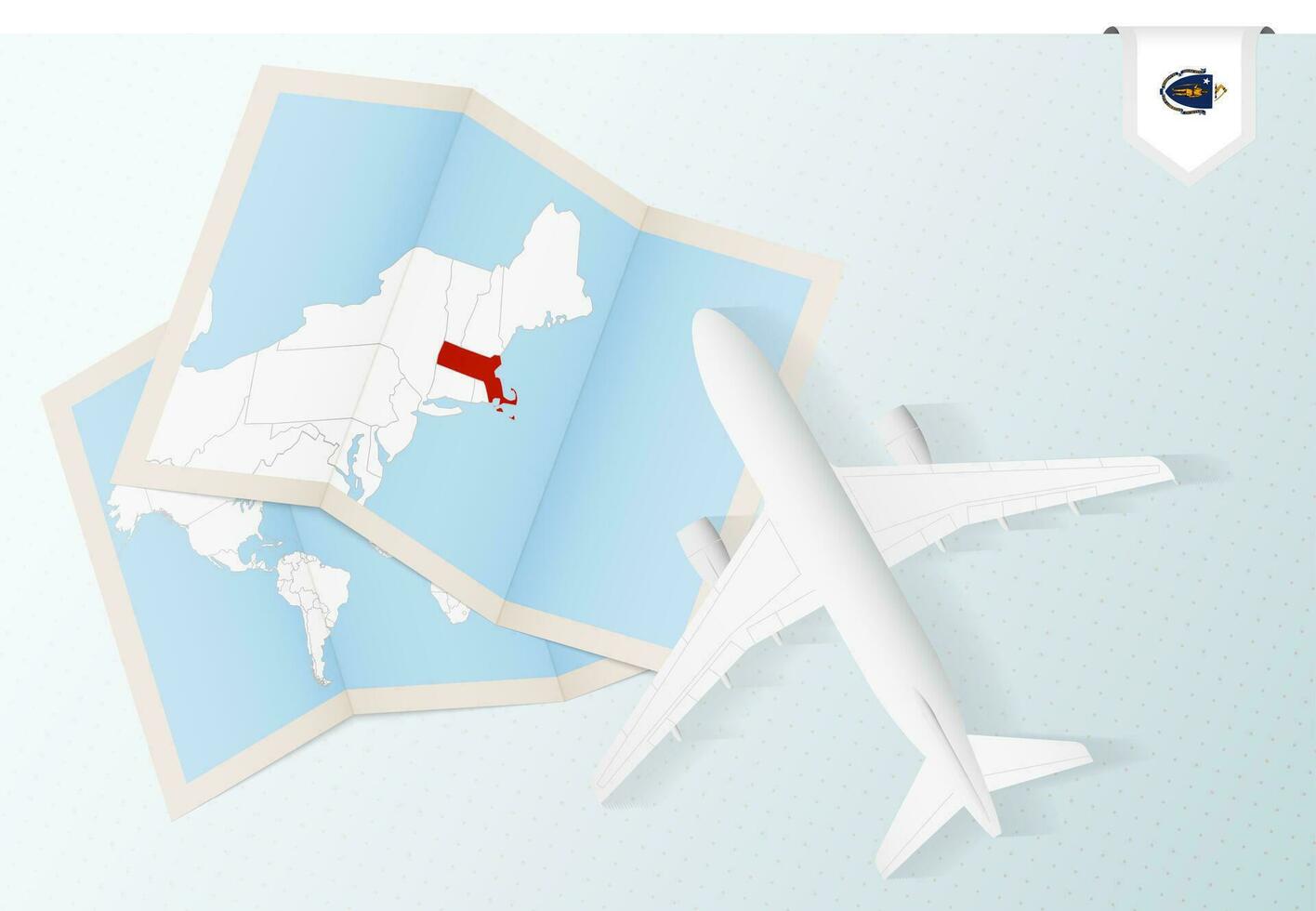 viaje a Massachusetts, parte superior ver avión con mapa y bandera de Massachusetts. vector