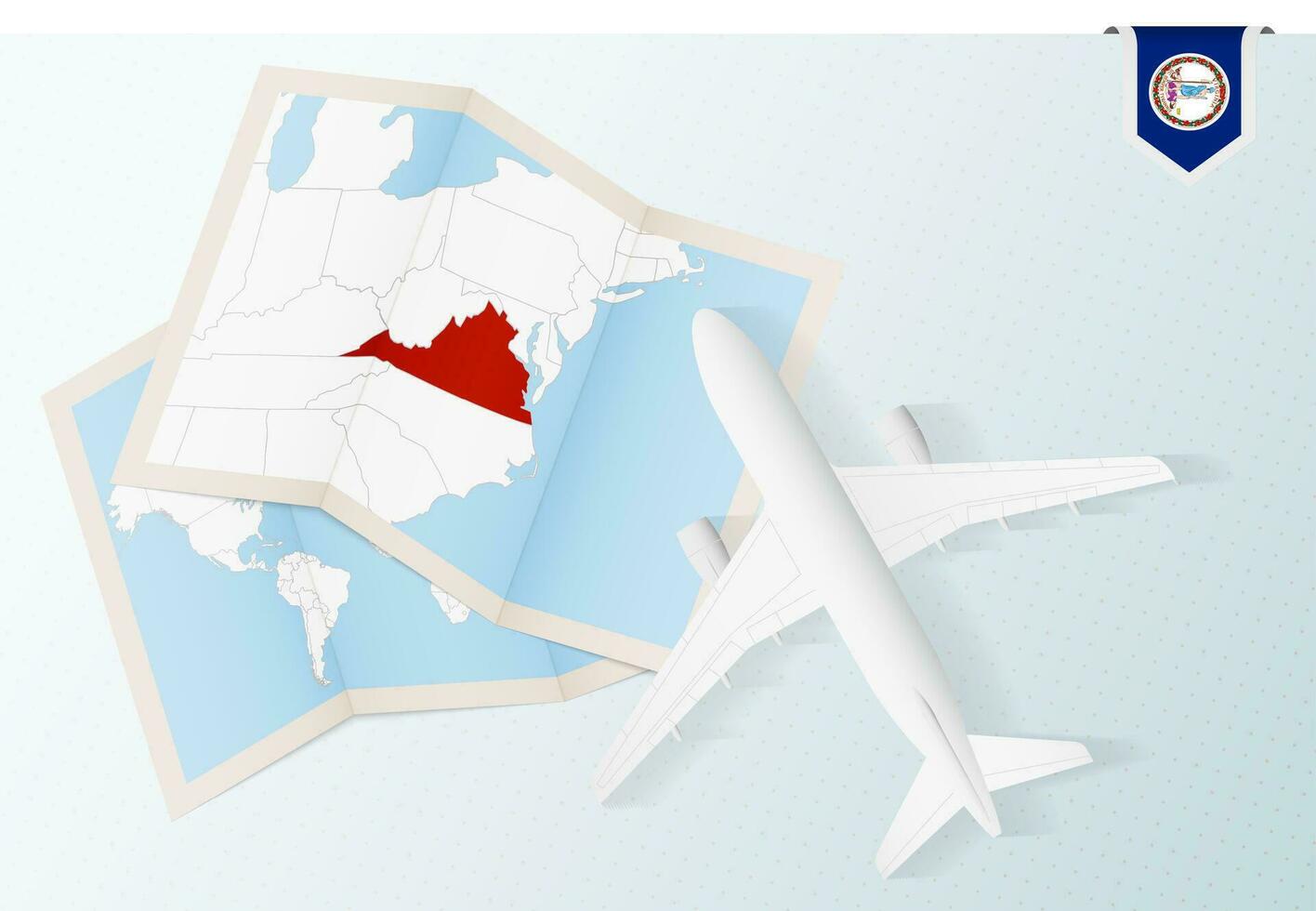 Travel to Virginia, top view airplane with map and flag of Virginia. vector