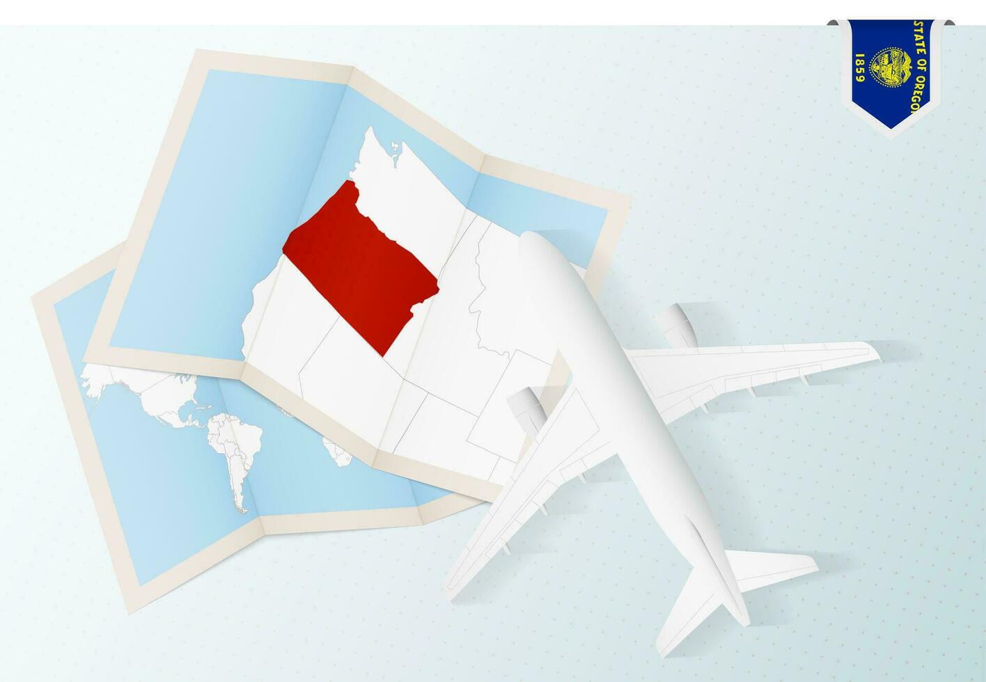 viaje a Oregón, parte superior ver avión con mapa y bandera de Oregón. vector