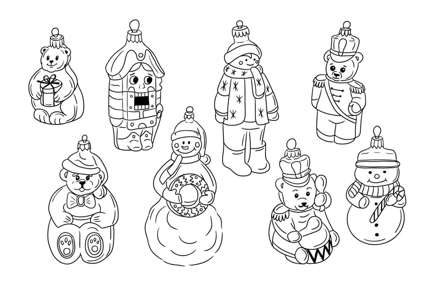 Doodle set of hand drawn vintage Christmas tree toys. Cute and cozy old retro holiday tree decoration in sketch style. Holiday design for Christmas for coloring pages, stickers, pattern. vector