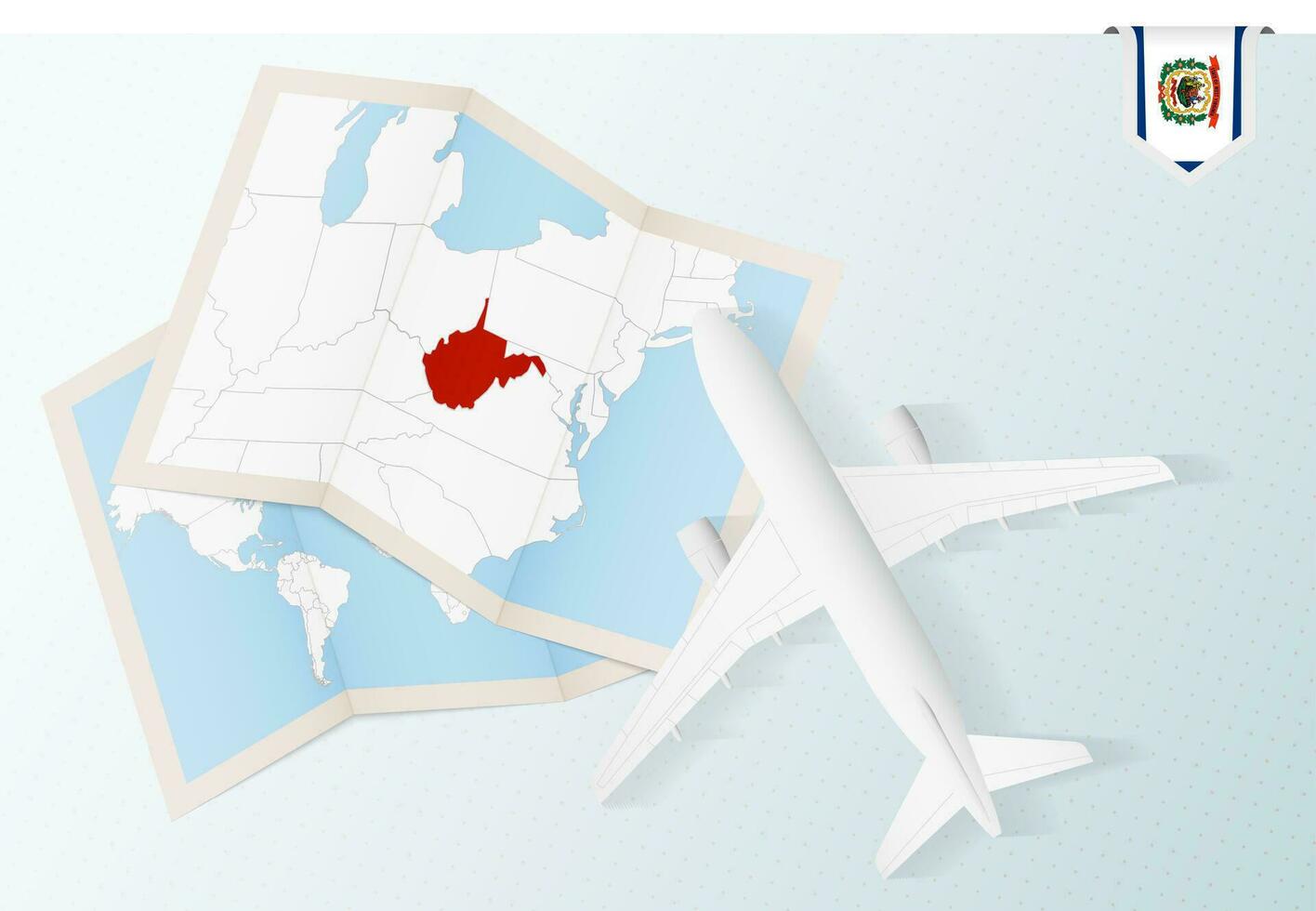 Travel to West Virginia, top view airplane with map and flag of West Virginia. vector