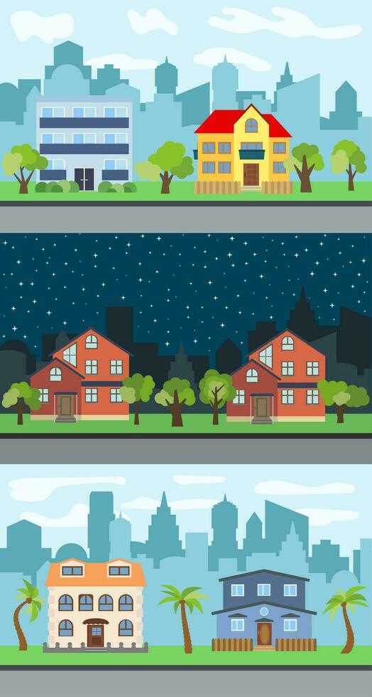 Set of three vector illustrations of city street with cartoon houses and trees. Summer urban landscape. Street view with cityscape on a background