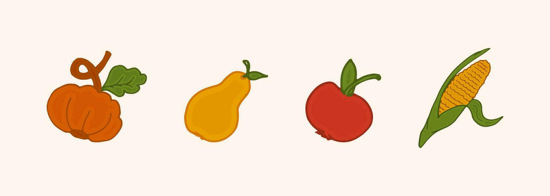 Color set isolated harvest fruits. Icon Corn, pumpkin, apple, pear. Vector drawing autumn vegetables