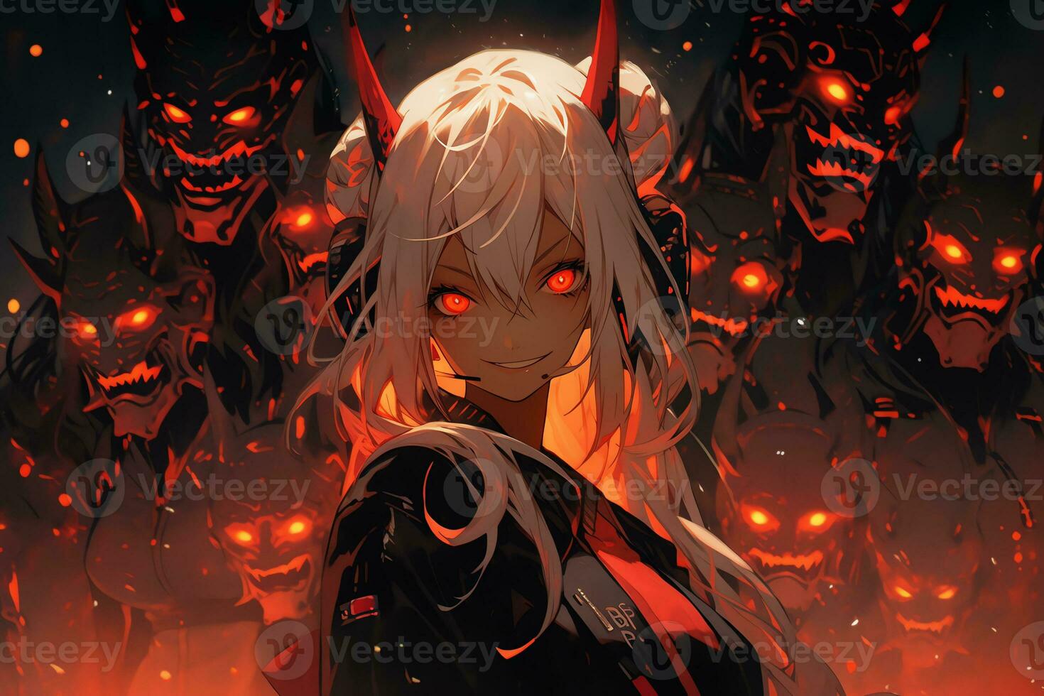 ai generativo hermosa demonio con el ojos luces arriba en anime estilo foto