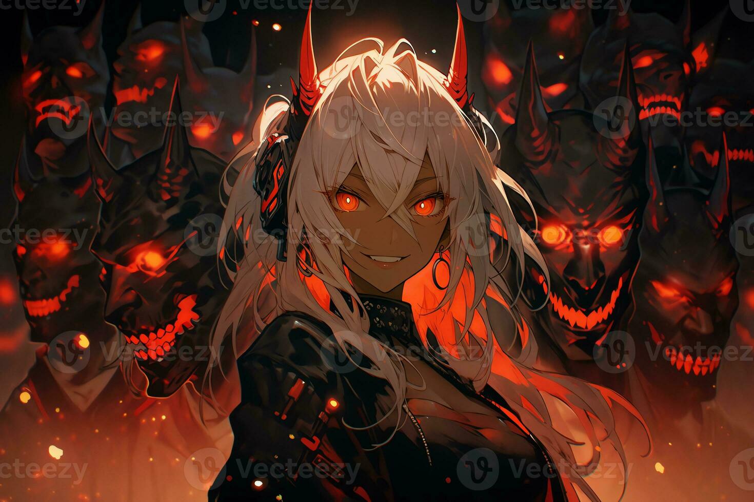 ai generativo hermosa demonio con el ojos luces arriba en anime estilo foto