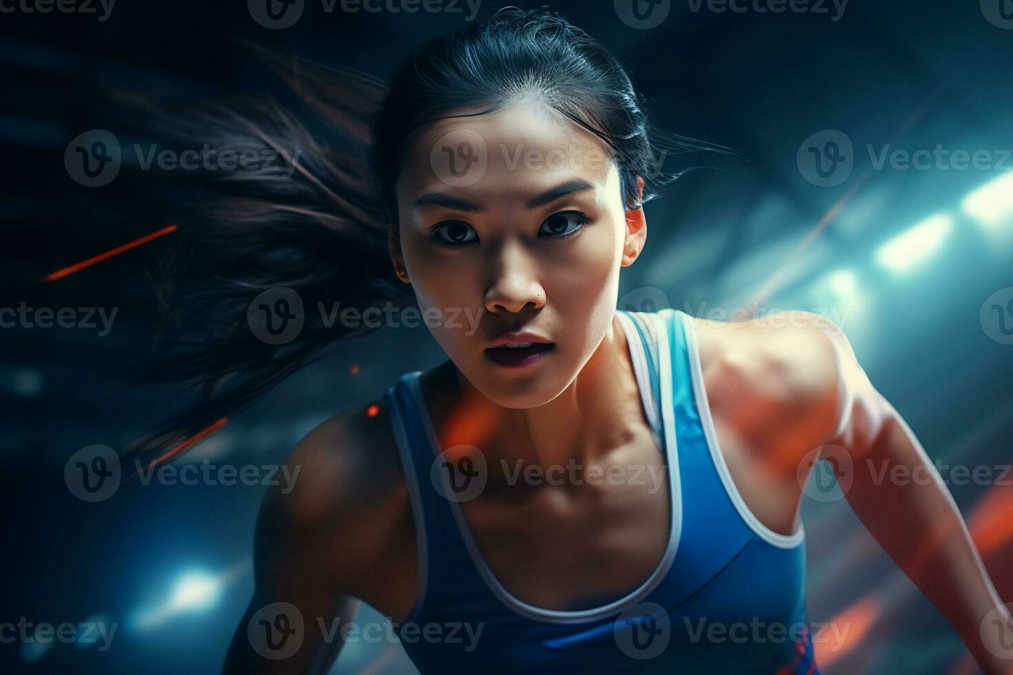AI Generative determined Asian female athlete in action at a sports arena under vibrant stadium lights photo