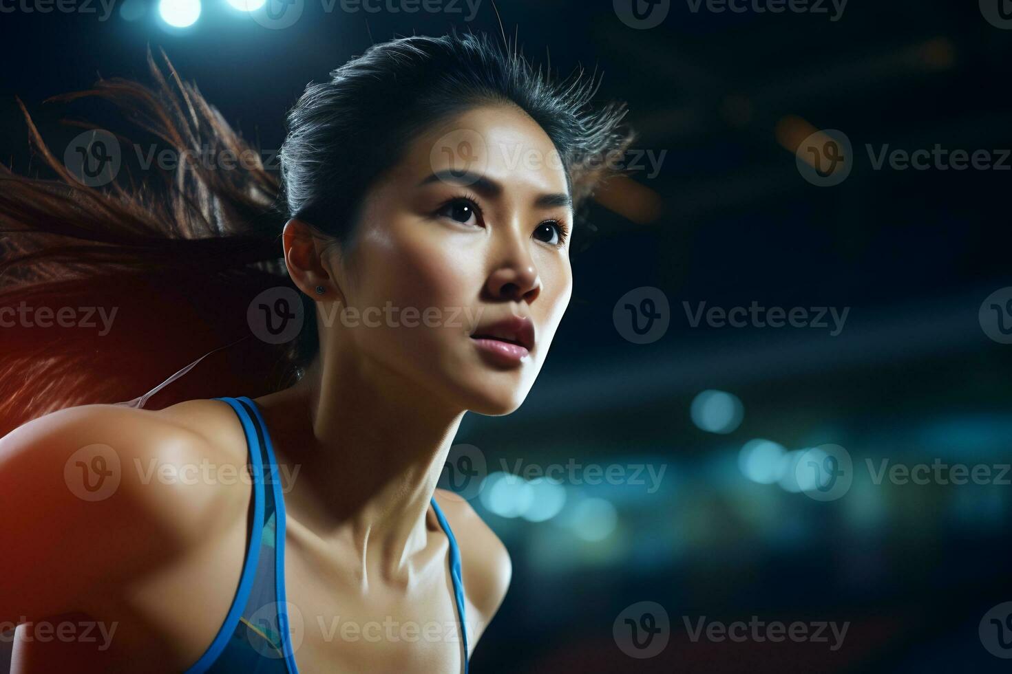 AI Generative determined Asian female athlete in action at a sports arena under vibrant stadium lights photo