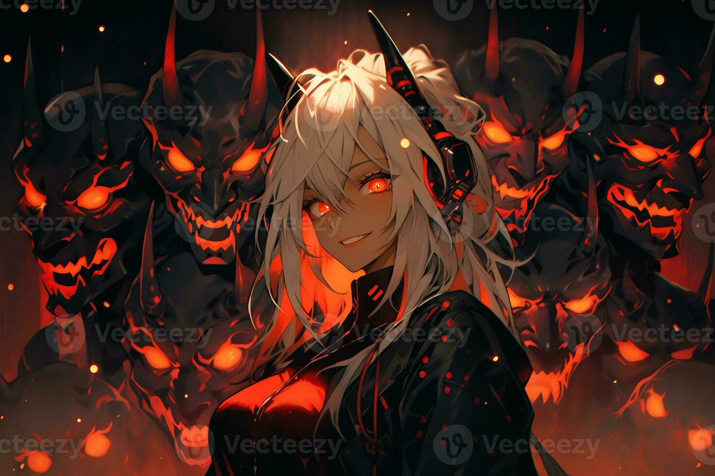 AI Generative Beautiful demon with the eyes lights up in anime style photo