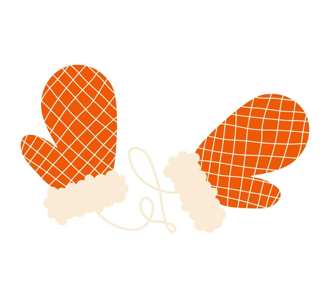 Red Christmas mittens with ornament and rope. Traditional winter clothes, knit mittens for cold season vector