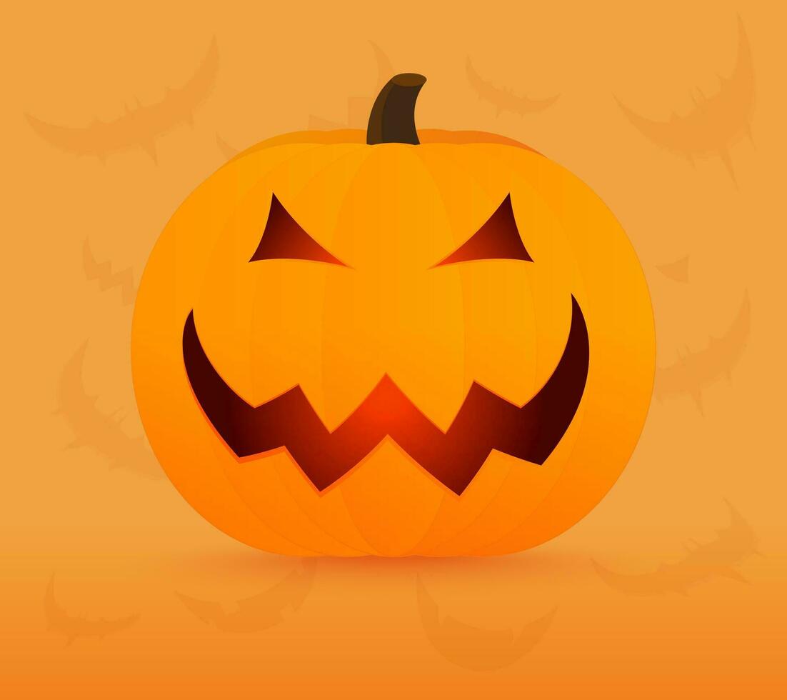 Pumpkin with scary face on orange Halloween background. vector