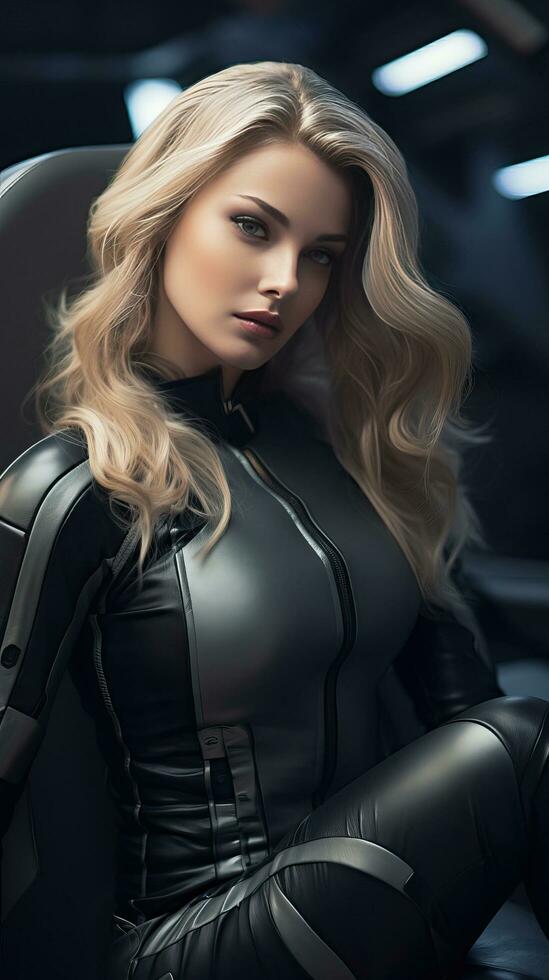 Beautiful young woman in black spacesuit. Generative AI photo