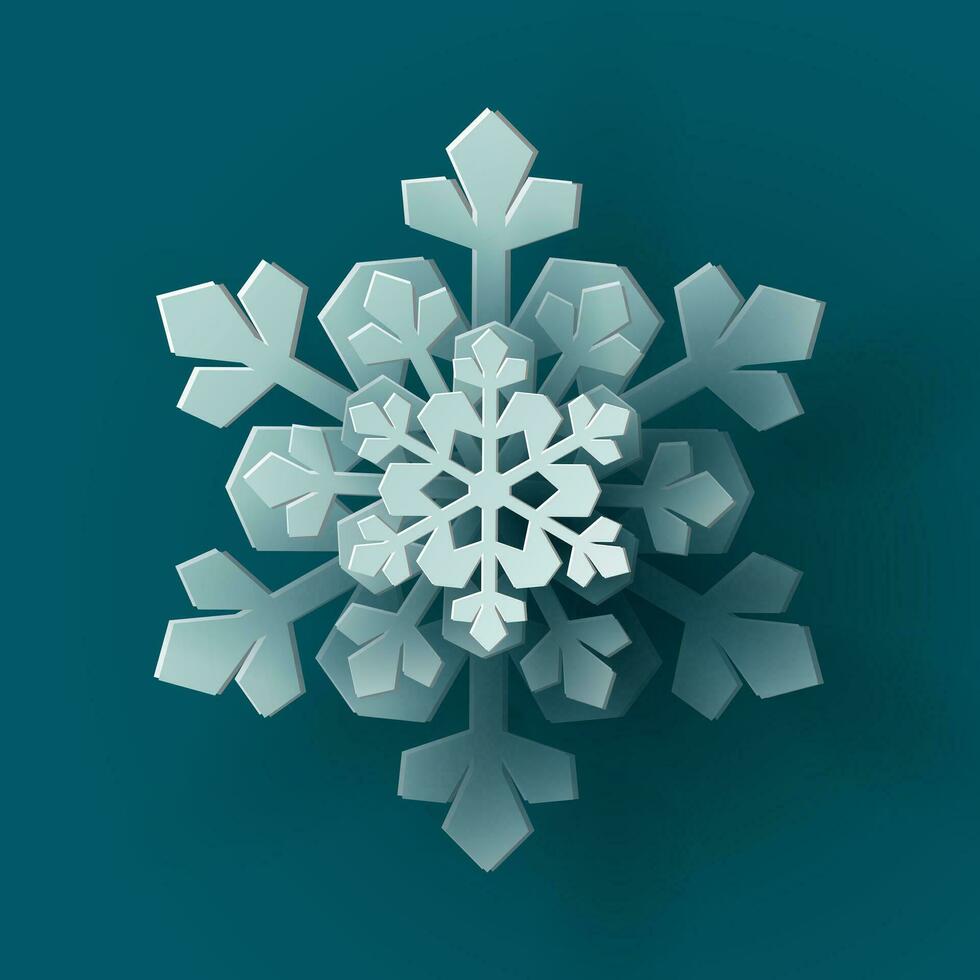 Vector white christmas paper cut 3d snowflake with shadow on teal colored background. Winter design elements for presentation, banner, cover, web, flyer, card, sale, poster, slide and social media