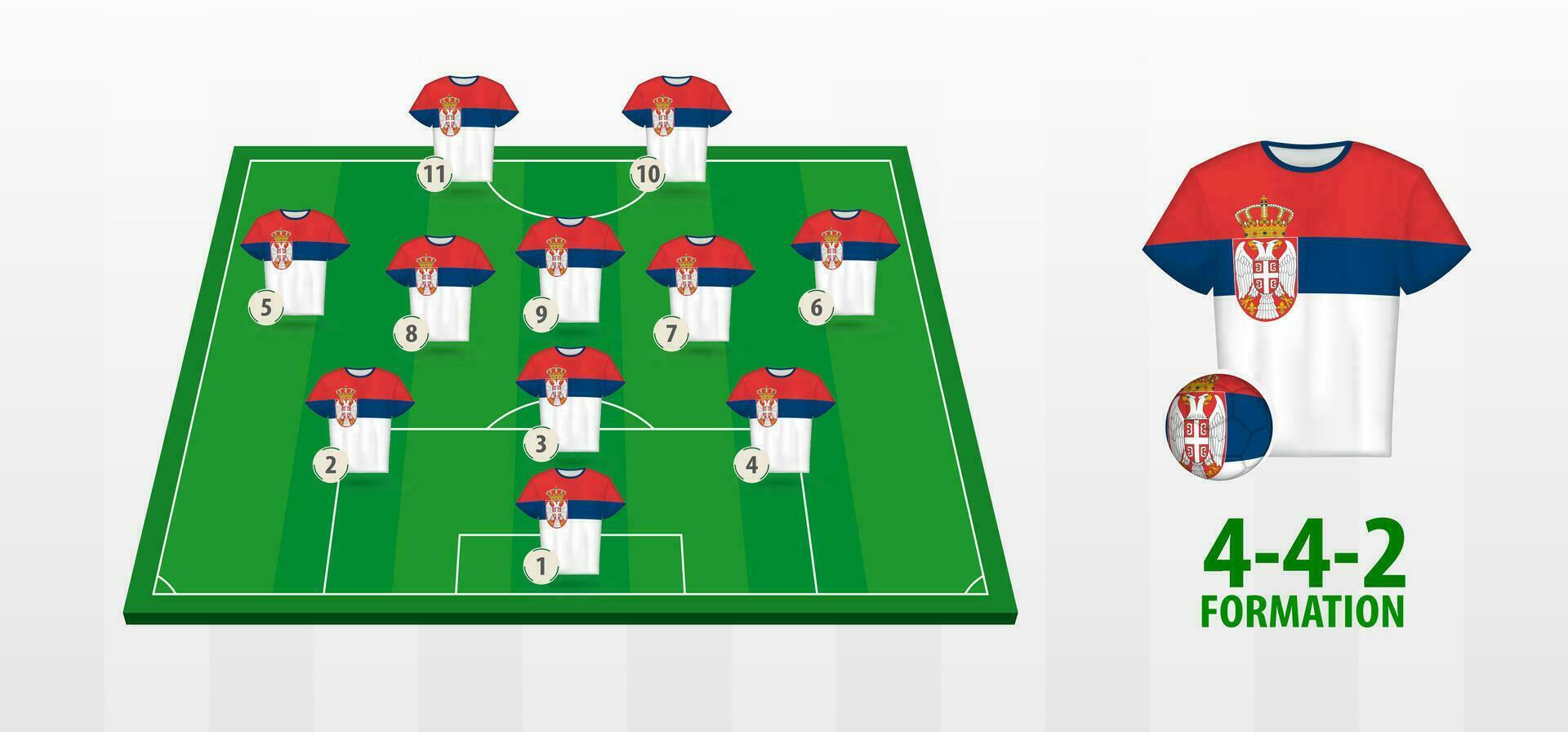 Serbia National Football Team Formation on Football Field. vector