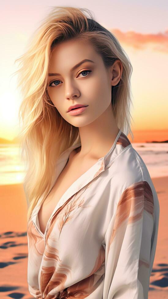 Young and pretty blonde girl portrait in the beach. Generative AI photo