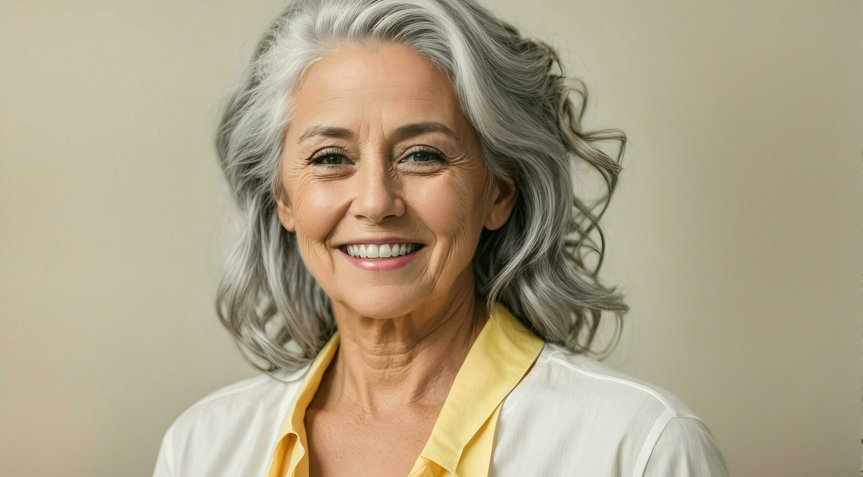 Ai generative Portrait of beautiful elderly woman smiling, happiness, grey hairstyle, background, banner, copy space text photo