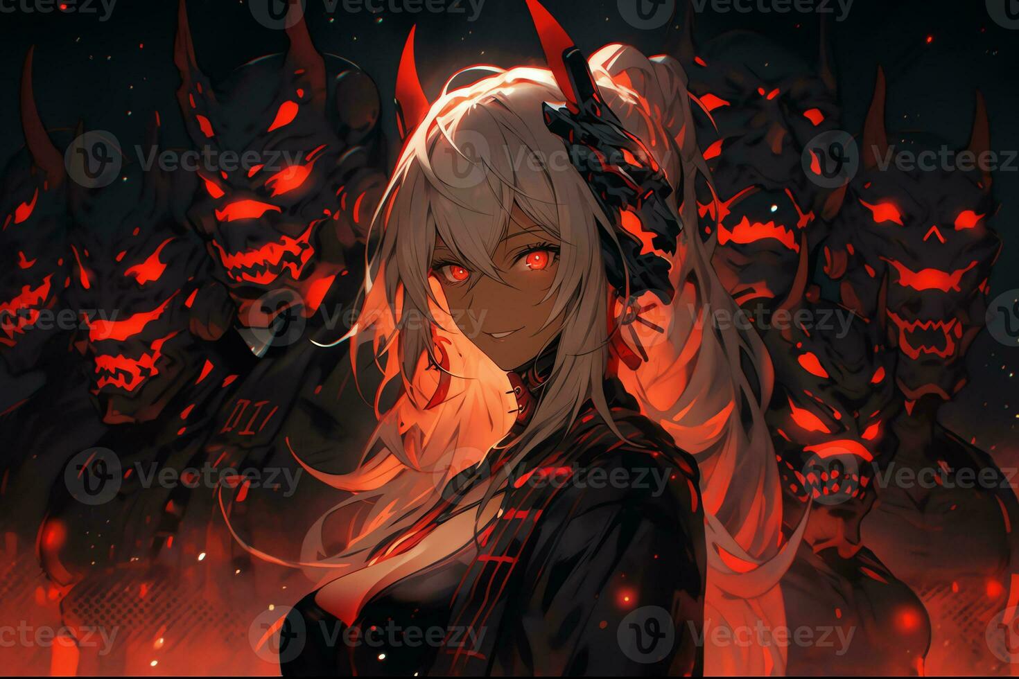 AI Generative Beautiful demon with the eyes lights up in anime style photo