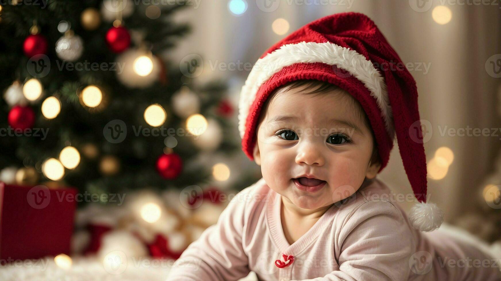 Ai generative Portrait of adorable child with Santa Claus red hat, festive background, banner with copy space text, christmad template photo