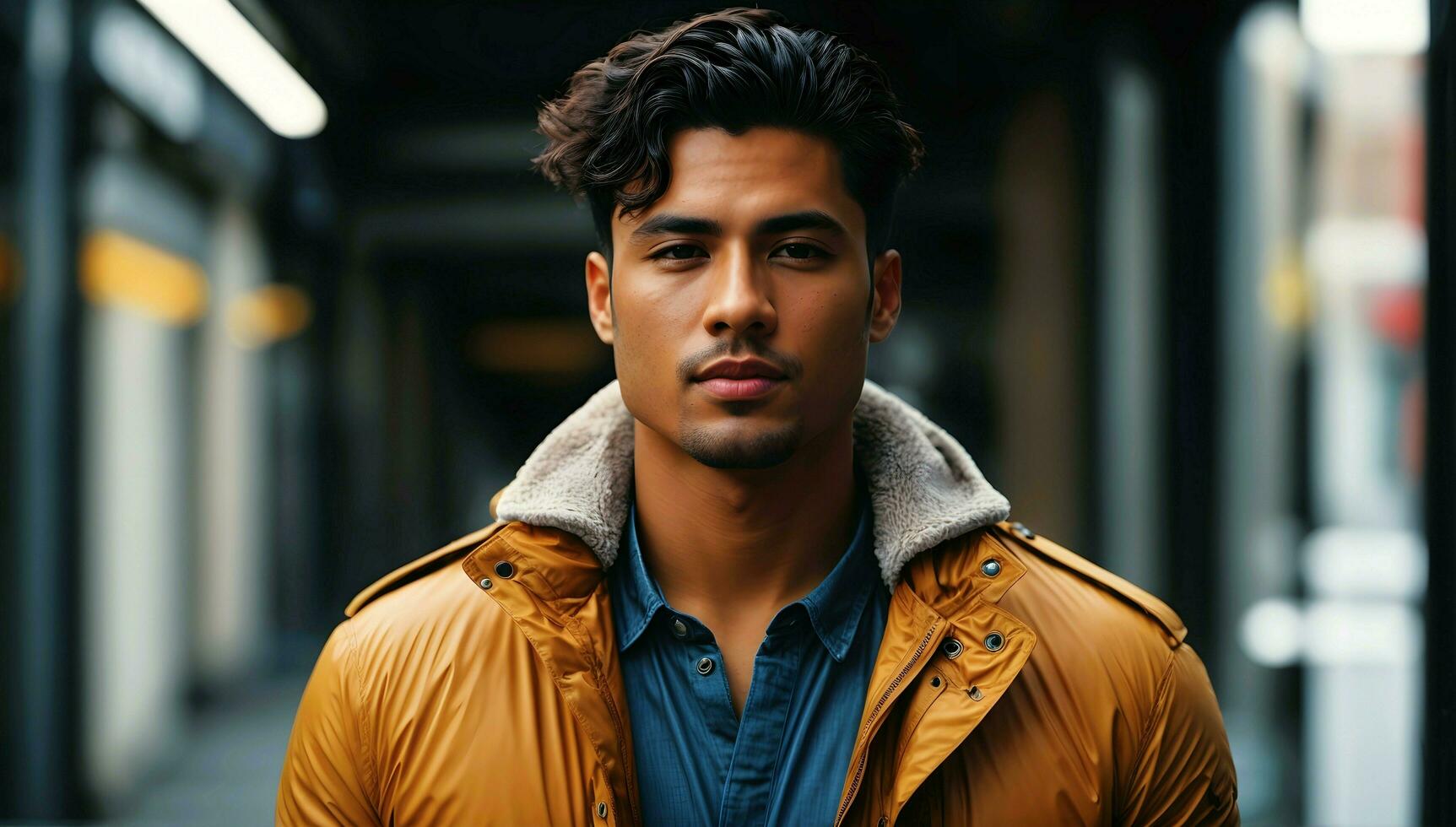 Ai generative Portrait of handsome male model, fashion background, banner with copy space text, commercial template photo