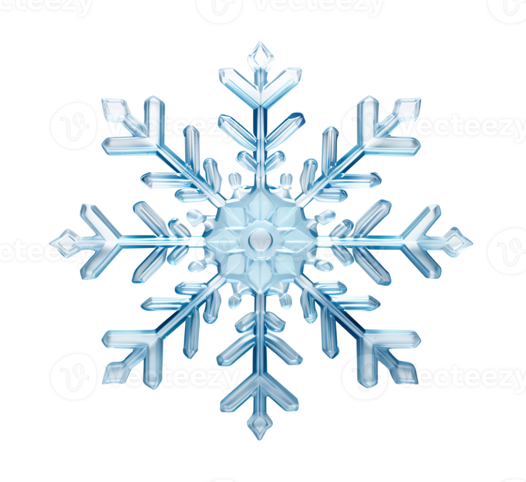 Beautiful blue snowflake on transparent background. Winter, Christmas element. Realistic snow flake. Cut out crystal of snow. Macro view. AI generated png