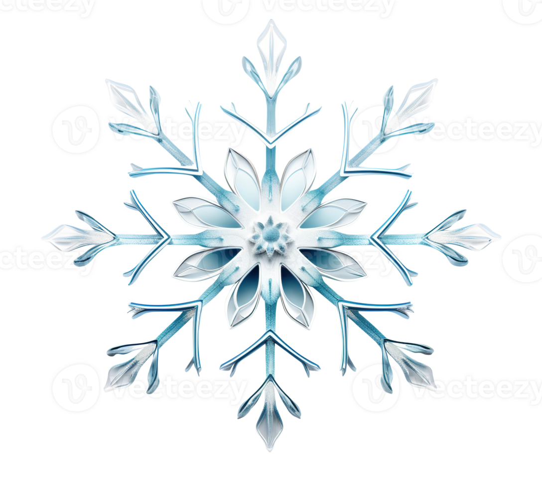 Beautiful blue snowflake on transparent background. Winter, Christmas element. Realistic snow flake. Cut out crystal of snow. Macro view. AI generated png