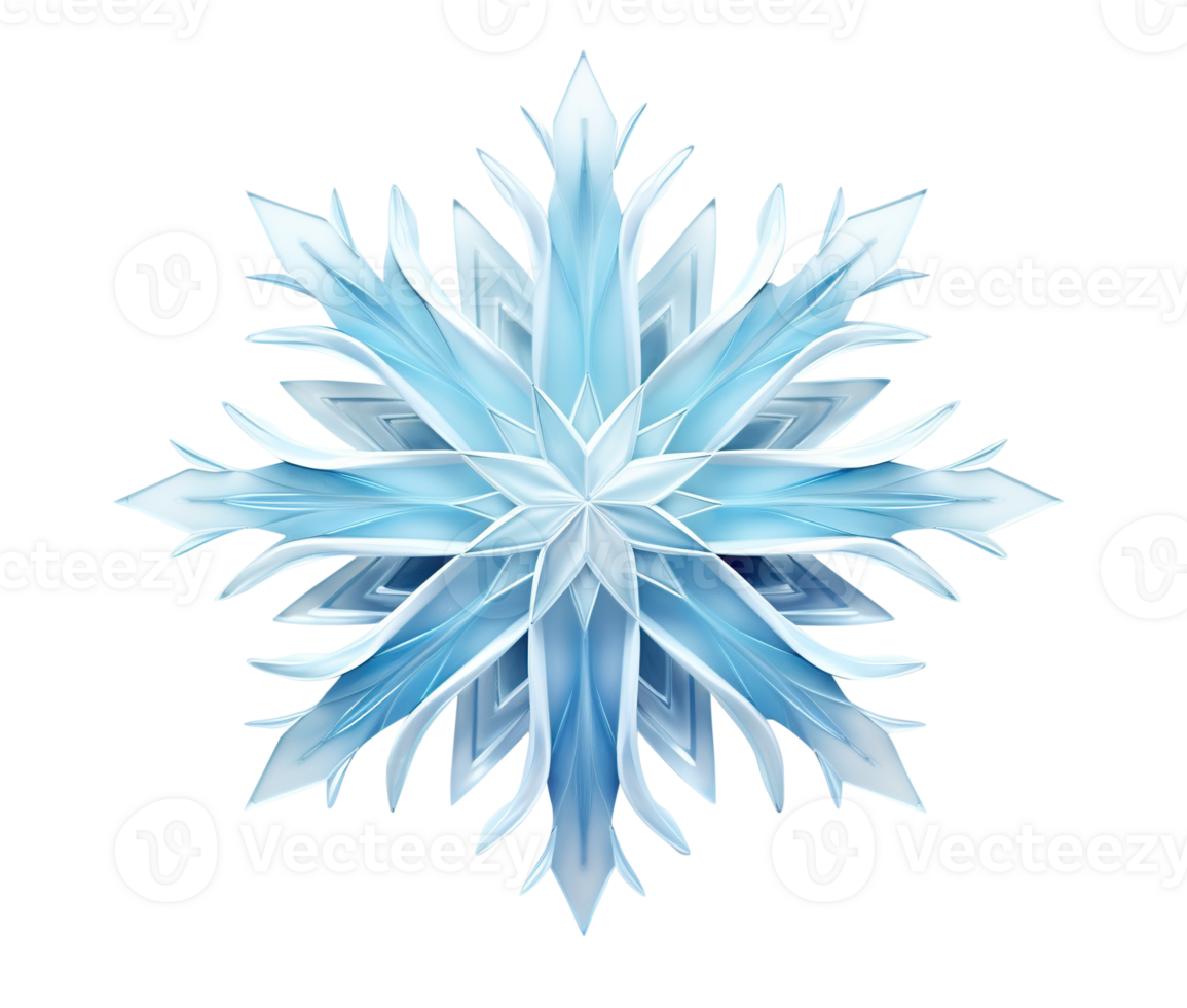 Beautiful blue snowflake on transparent background. Winter, Christmas element. Realistic snow flake. Cut out crystal of snow. Macro view. AI generated png