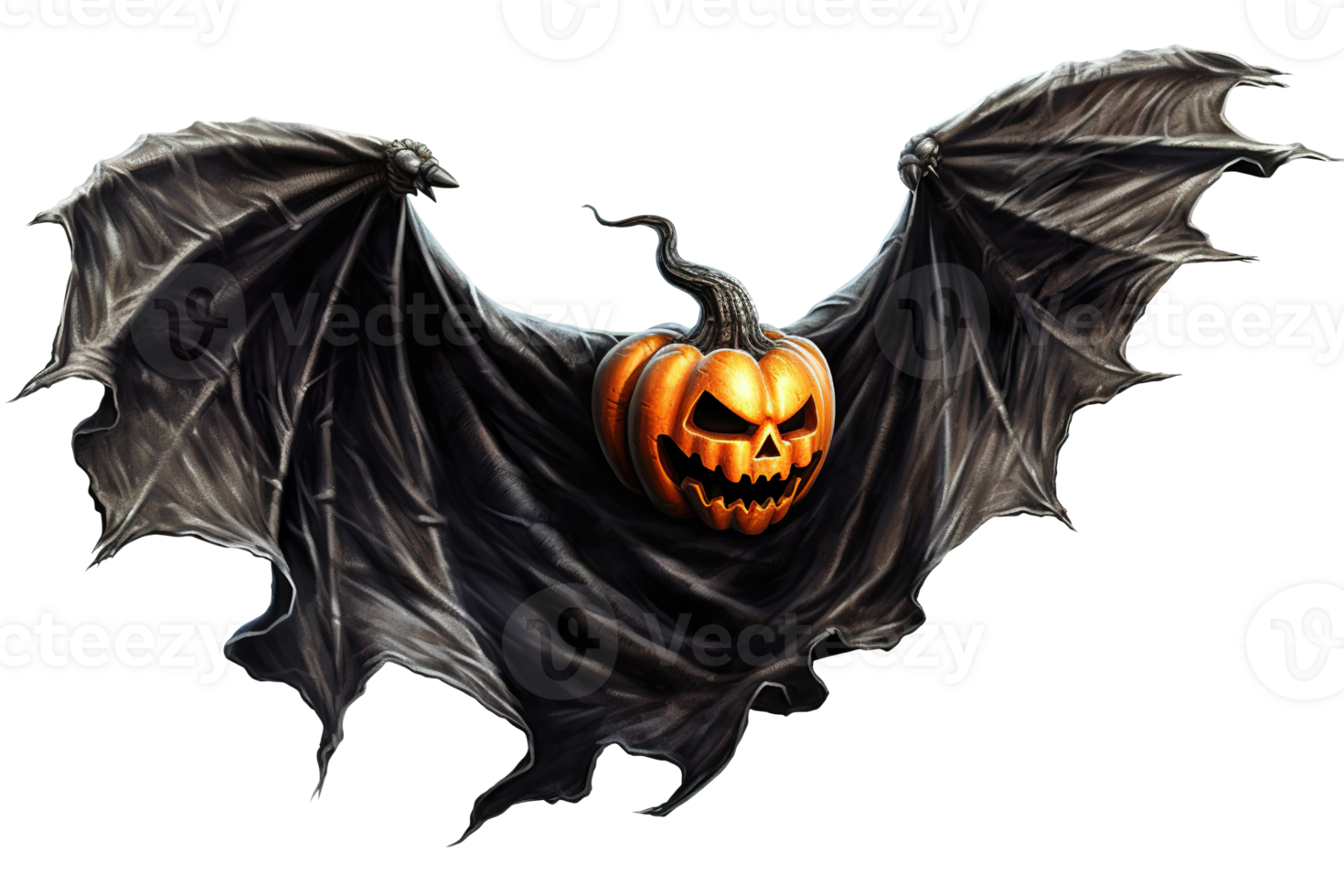 Scary, flying Halloween pumpkin, Jack O'Lantern with bat wings, on transparent background. Happy Halloween decoration. Spooky face. Cut out element. Trick or treat. AI Generated png