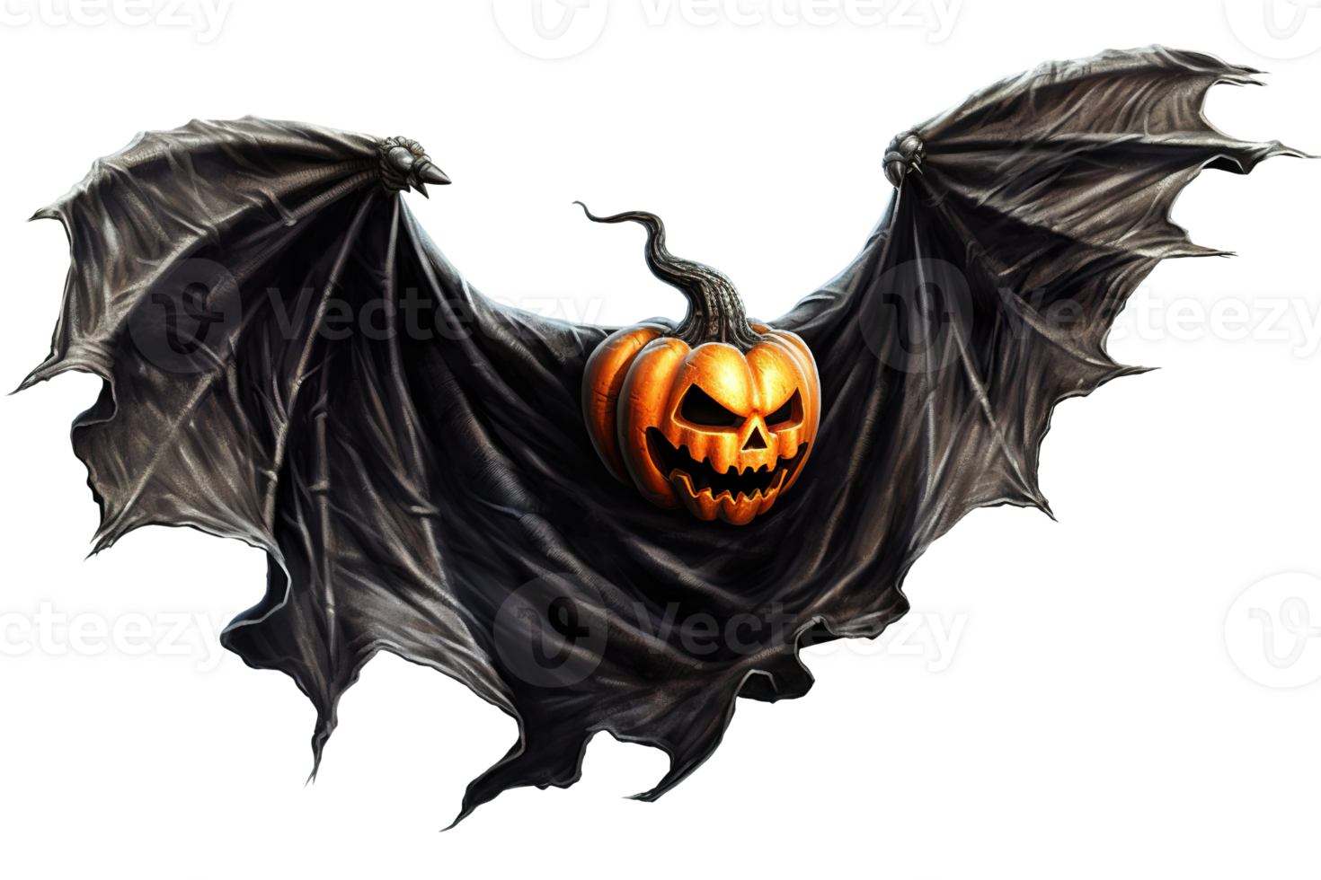 Scary, flying Halloween pumpkin, Jack O'Lantern with bat wings, on transparent background. Happy Halloween decoration. Spooky face. Cut out element. Trick or treat. AI Generated png