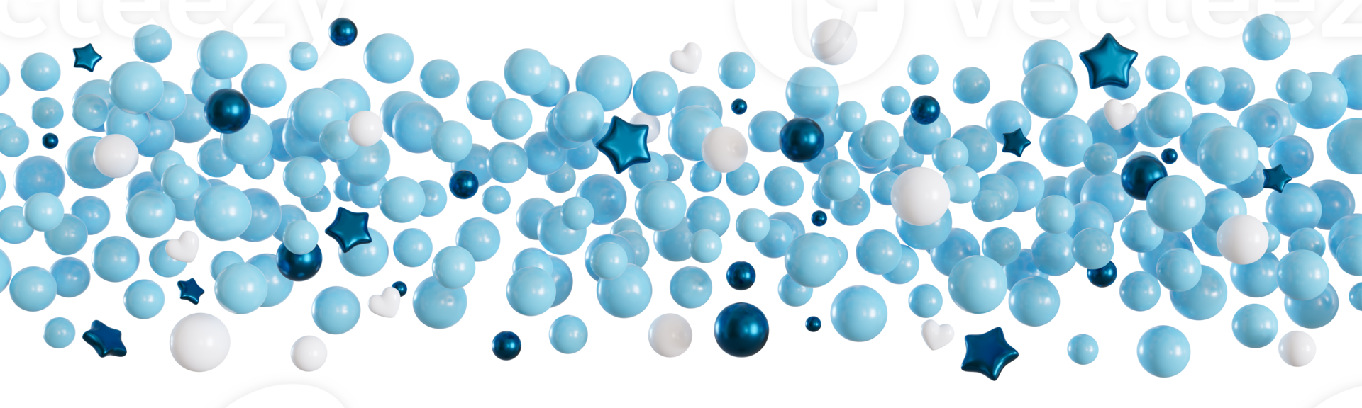 Blue balloons line on transparent background. It's a boy foreground. Border, row. Cut out graphic design elements. Happy birthday, party, baby shower decoration. Helium balloon group. 3D render. png