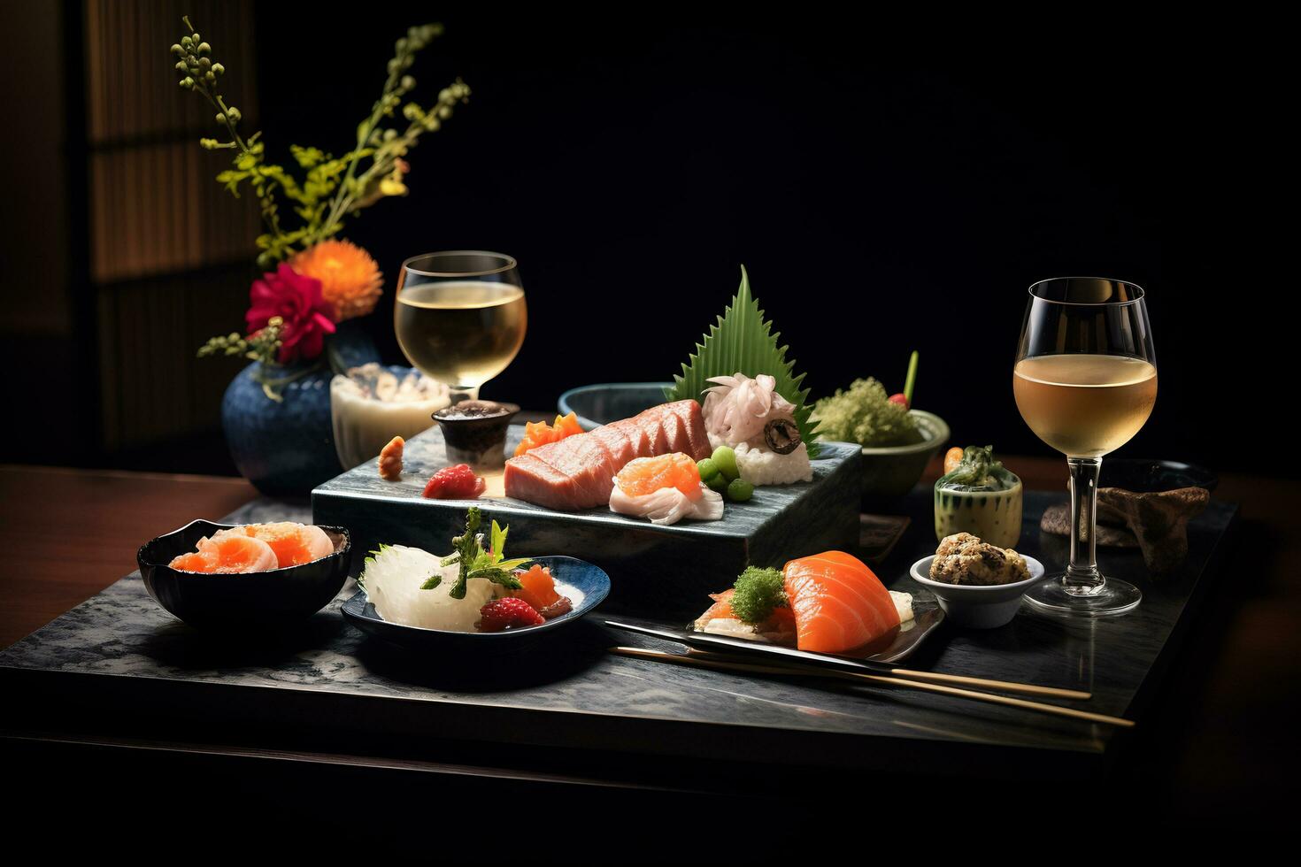 AI Generative traditional Japanese kaiseki meal featuring a beautifully arranged assortment of dishes photo