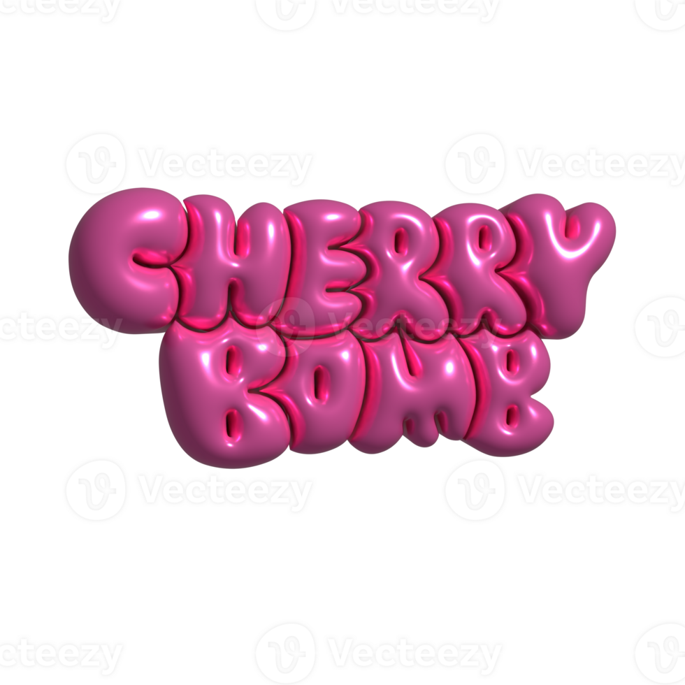 Cherry bomb - 3d render lettering Sticker for social media content. Metallic balloon hand drawn illustration design. Bubble pop art comic style poster, t shirt print, post card. Raster. png