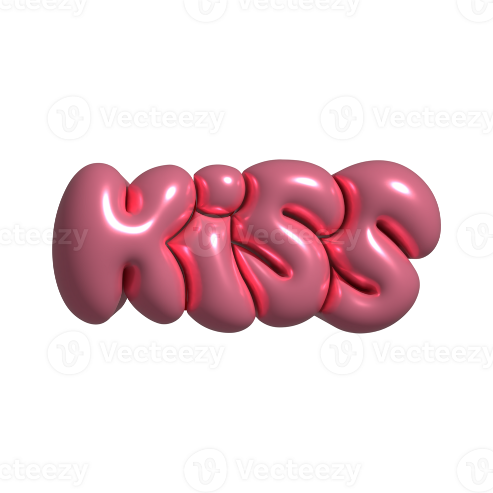 Kiss - 3d rendering Vintage Comic style cool girly sticker. Bubble lettering label. Humor pop balloon illustration. Raster png