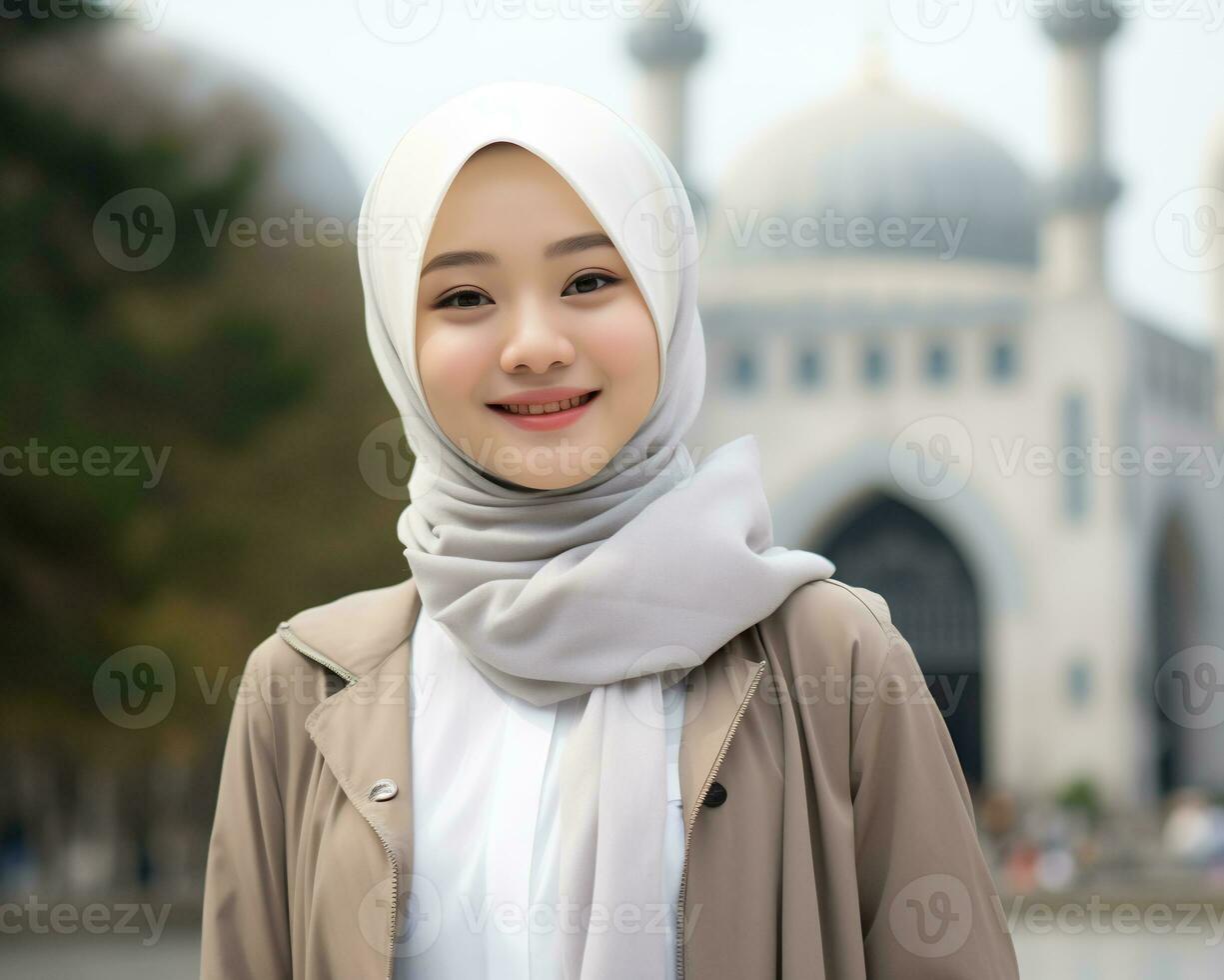 ai generativo hermosa asiático musulmán niña vistiendo hijab foto